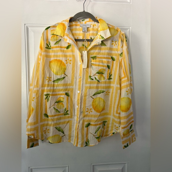 Calypso St. Barth Tops - Calypso St. Barth Yellow Lemon Print Button Down Shirt